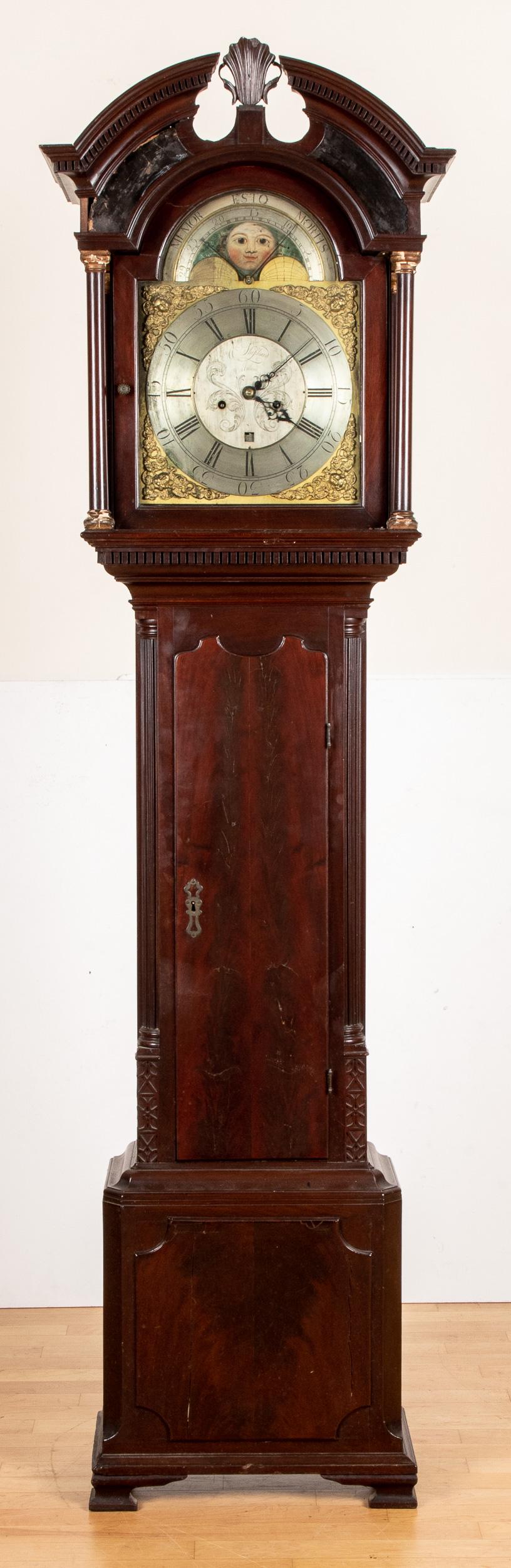George III mahogany tall case clock: George III mahogany tall case clock, 18th c., the eight day movement with brass face, inscribed Wm. Shephard Millom, 85'' h.