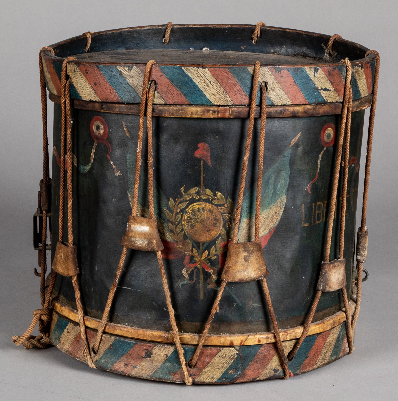 Painted tin drum, inscribed Vive Le Nation: Painted tin drum, inscribed Vive Le Nation, 14 1/4'' h., 15 1/2'' w.