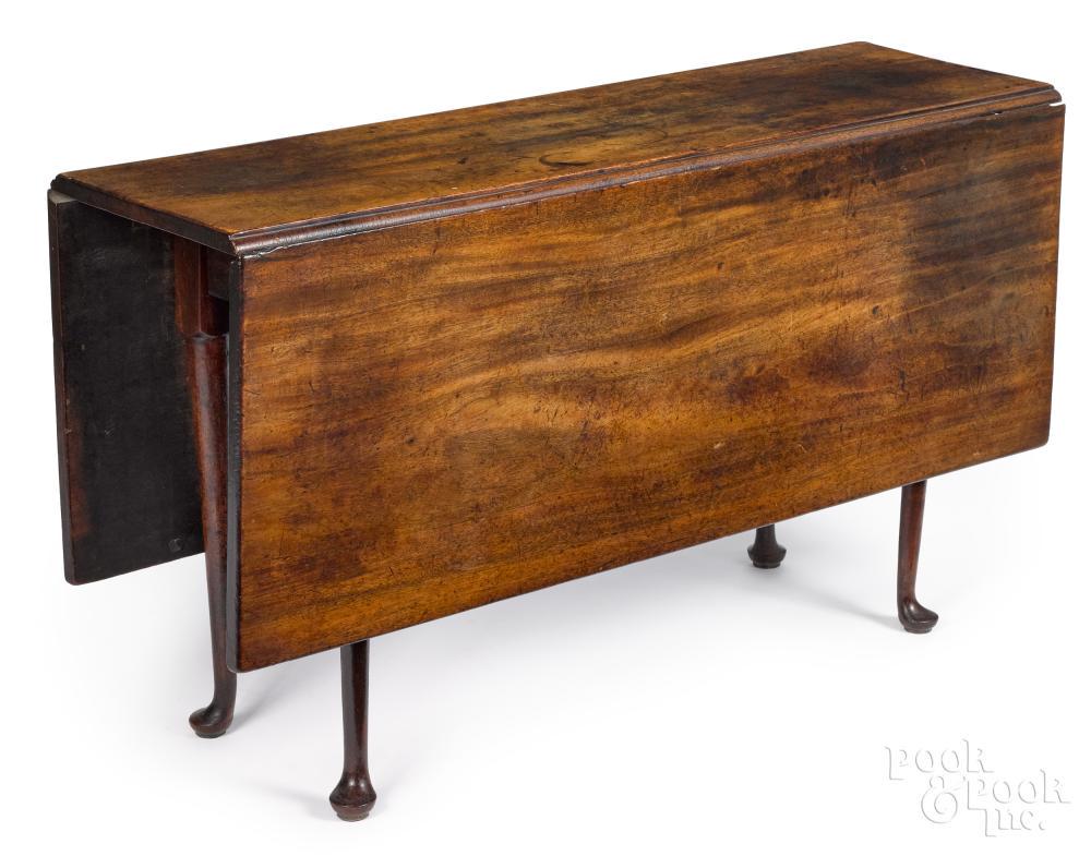 New England Queen Anne drop-leaf dining table: New England Queen Anne mahogany drop-leaf dining table, ca. 1765, 27"" h., 15"" w., 48"" d. Provenance: Property of William E. and Anne H. Lewis of Columbus Ohio.