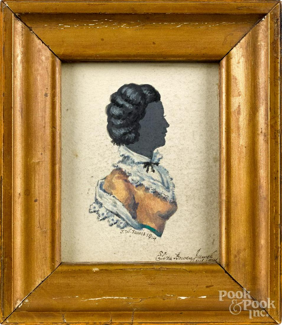 John Wesley Jarvis pair of silhouettes: John Wesley Jarvis (American 1780-1840), pair of New York watercolor and cutwork silhouettes of Stephen and Eliza Jumel, dated 1814, 4"" x 3 1/4"". Stephen, a wealthy merchant married his longtime mis