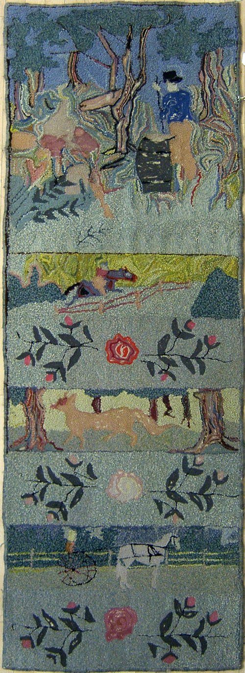 Hooked rug with figures and animals, 7' 2'' x 2' 6