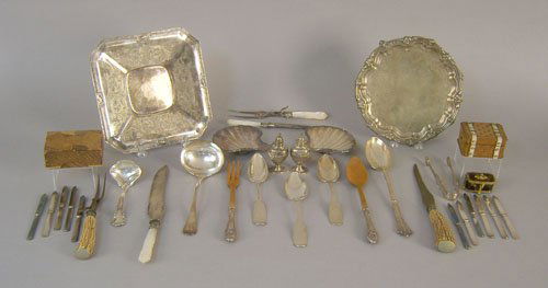 Group of miscellaneous table articles, late 19th: Group of miscellaneous table articles, late 19th c., to include tortoise shell sewing kit, plated tray and salver, miscellaneous utensil, shakers, etc.