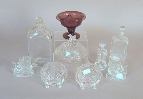Group of glass to include two blown bottles, amet: Group of glass to include two blown bottles, amethyst bowl, pair squirrel toothpick holders, etc.