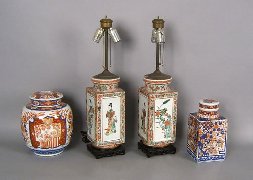 Two contemporary Imari covered jars, 9 1/2'' h. an: Two contemporary Imari covered jars, 9 1/2'' h. and 10 1/2'' h., together with a pair of table lamps, 23'' h.