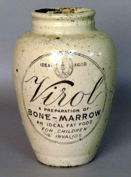 Three yelloware molds, together with a stoneware: Three yelloware molds, together with a stoneware Virol jar, 9'' h.