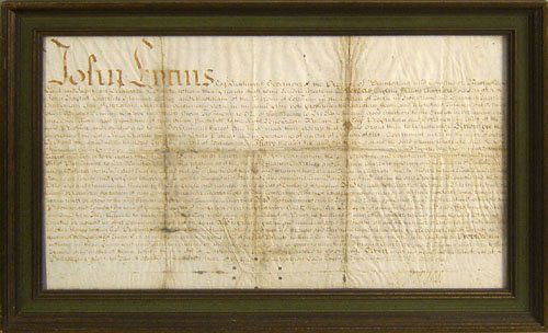 Philadelphia indenture dated 1704, signed by Joh: Philadelphia indenture dated 1704, signed by John Evans, 12 3/4'' x 21 1/2''.