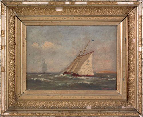 Marshall Johnson Jr. (American, 1850-1921), oil: Marshall Johnson Jr. (American, 1850-1921), oil on panel yacht portrait signed lower right M Johnson, Jr., 6 3/4'' x 10''. Provenance: Henry Ford Museum.