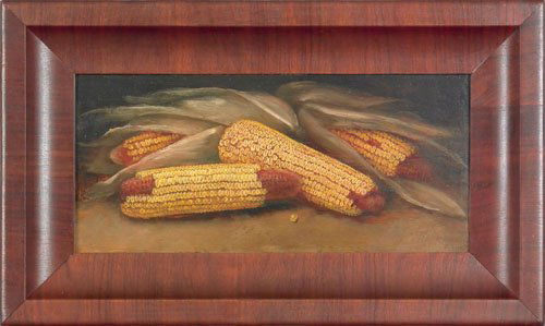 Alfred E.A. Montgomery (American, 1857-1922), o: Alfred E.A. Montgomery (American, 1857-1922), oil on panel still life with corn, signed lower right EA Montgomery 1911 and inscribed verso I consider this the best corn I ever painted San Bernardino S