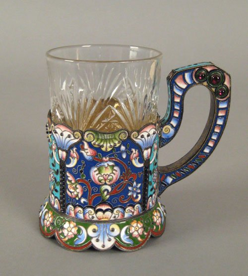 Russian silver and enamel tea glass holder, ca. : Russian silver and enamel tea glass holder, ca. 1891 bearing maker's mark of Maria Semenova, 4 1/2'' h., approx. 8.35 ozt.