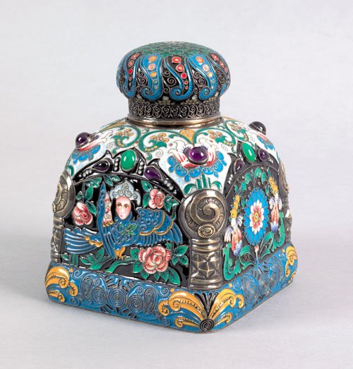 Russian silver, enamel, and cabochon inlaid tea : Russian silver, enamel, and cabochon inlaid tea caddy, ca. 1900, bearing the maker's mark of Feodor Ruckert, 5 1/4'' h., approx. 23.40 ozt.