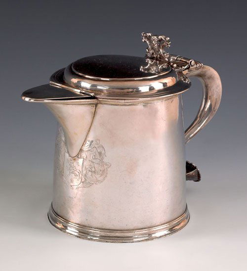 Boston, Massachusetts silver tankard, ca. 1710,: Boston, Massachusetts silver tankard, ca. 1710, bearing the touch of John Coney, the flat lid with cast mask and dolphin thumbpiece and later hinged spout lid over a tapered cylindrical body with engr