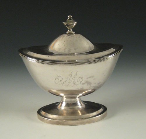 Philadelphia silver covered sugar, ca. 1790, be: Philadelphia silver covered sugar, ca. 1790, bearing the touch of Joseph Lownes, with elaborately engraved date 1762 and the initial M, 6 1/2'' h., approximately 15.1 ozt.