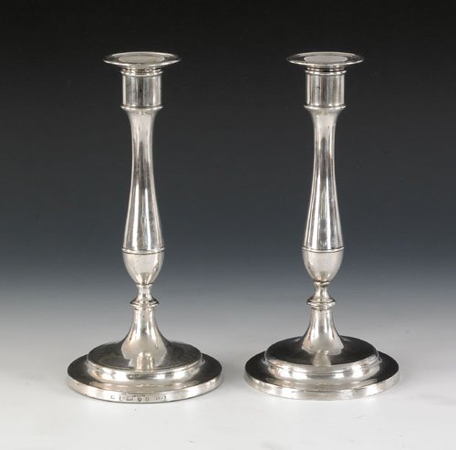 Pair of silver candlesticks 1798-1799, bearing : Pair of silver candlesticks 1798-1799, bearing the touch of Matthew Boulton, 11'' h.