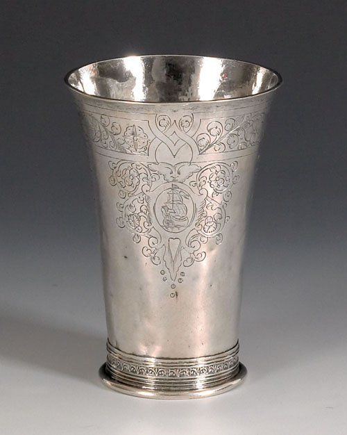 Continental silver beaker, late 17th c., probab: Continental silver beaker, late 17th c., probably Dutch, with three engraved vignettes of ships marked indistinctly on base, 4 1/4'' h., approx. 3.4 ozt.