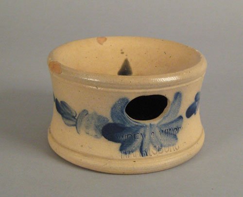 Pennsylvania stoneware spittoon, 19th c., impre: Pennsylvania stoneware spittoon, 19th c., impressed Cowden & Wilcox Harrisburg, with cobalt decoration, 3 3/4'' h., 6 1/2'' dia.