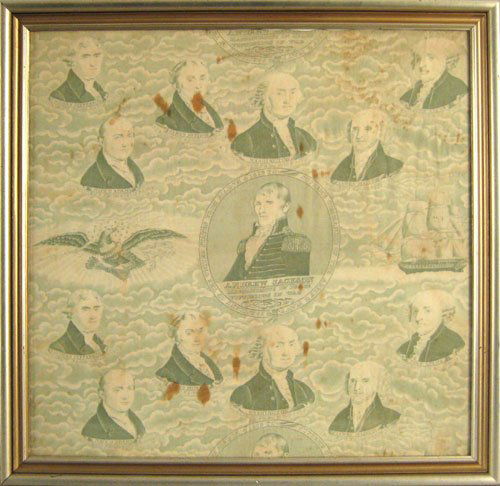 Copper engraved handkerchief commemorating the: Copper engraved handkerchief commemorating the military and presidential service of Andrew Jackson, 23 1/2'' x 24 1/2''.