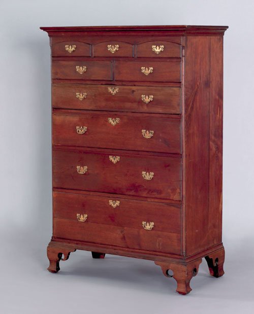 Chester County, Pennsylvania Chippendale walnut : Chester County, Pennsylvania Chippendale walnut Octorara tall chest, ca. 1765, the molded cornice over a case with three arched short drawers and smooth quarter columns supported by pierced ogee brack