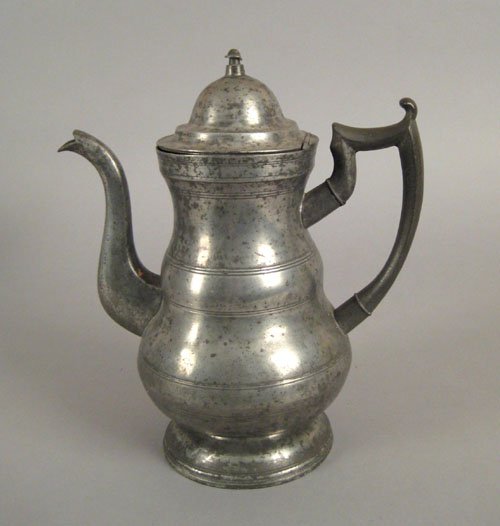 New York pewter coffee pot, ca. 1835, bearing t: New York pewter coffee pot, ca. 1835, bearing the touch of Boardman & Hart, 11 1/2'' h.