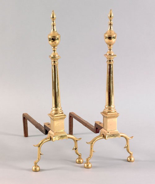 Pair of New York Federal brass andirons, ca. 179: Pair of New York Federal brass andirons, ca. 1795, branded R. Wittingham, 22 3/4'' h.