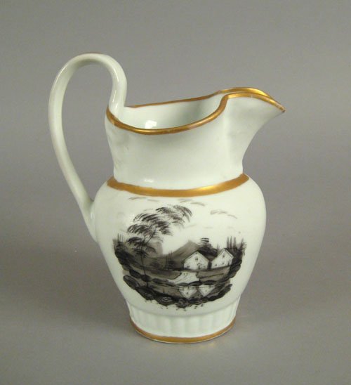 Philadelphia Tucker porcelain pitcher, ca. 1830: Philadelphia Tucker porcelain pitcher, ca. 1830, decorated in grisaille with a landscape and gilt bands, 9 1/4'' h.