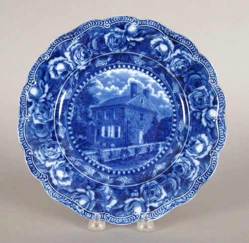 Flow blue plate depicting Washington's Headquar: Flow blue plate depicting Washington's Headquarters at Valley Forge, 9 7/8'' dia.