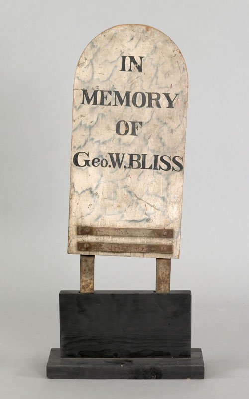 Painted gravestone sign, 19th c., inscribed In: Painted gravestone sign, 19th c., inscribed In Memory of Geo. W. Bliss, 36 1/2'' h. with stand.