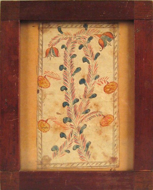 Southeastern Pennsylvania ink and watercolor fra: Southeastern Pennsylvania ink and watercolor fraktur bookplate, early 19th c., depicting a stylized tulip tree, 5 1/2'' x 3''.