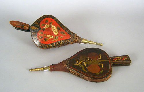 Two painted fireplace bellows, 19th c., 18'' l. an: Two painted fireplace bellows, 19th c., 18'' l. and 18 1/2'' l.