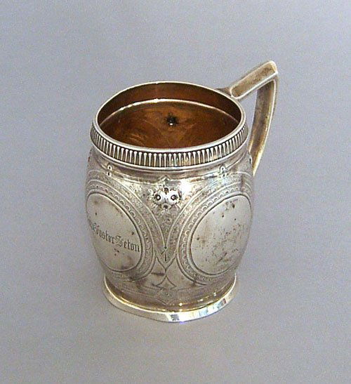 Gorham sterling silver mug, retailed by Geo-Webb: Gorham sterling silver mug, retailed by Geo-Webb & Co., inscribed John Foster Seton, 3 7/8'' h., approx. 6.8 ozt.