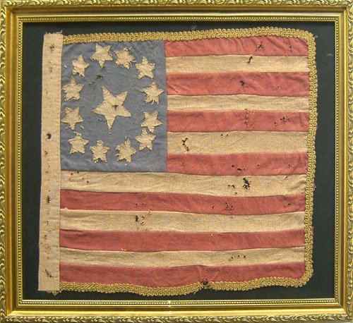 Two modern US flags, 14 1/2'' x 17'' and 17'' x 25: Two modern US flags, 14 1/2'' x 17'' and 17'' x 25''.