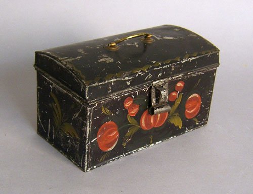 Tole decorated box, 19th c., with red floral deco: Tole decorated box, 19th c., with red floral decoration on a black ground, 5'' h. x 8 3/4'' w.