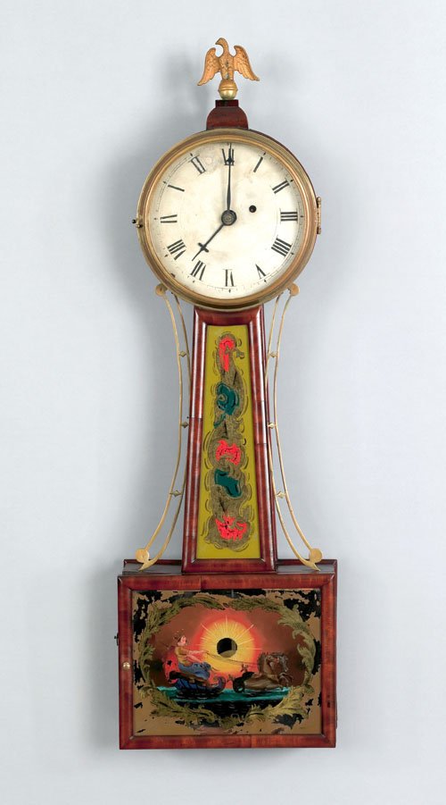 Massachusetts Federal mahogany banjo timepiece, : Massachusetts Federal mahogany banjo timepiece, ca. 1825, with brass side arms and eglomise panel depicting Poseidon, 32 1/4'' h.