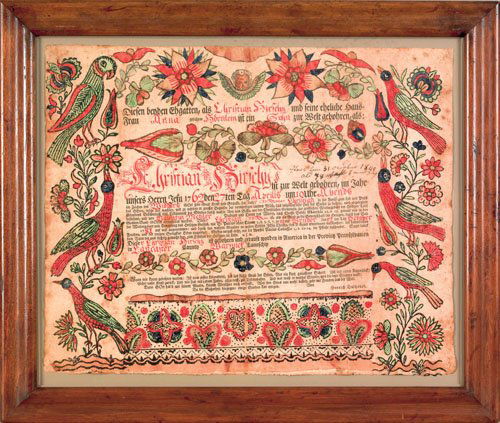 Henrich Dulheuer (Southeastern Pennsylvania, 18t: Henrich Dulheuer (Southeastern Pennsylvania, 18th c.), printed and hand colored fraktur birth certificate dated 1762 with central script surrounded by birds perched on floral vines, 13 1/2'' x 16 3/4'