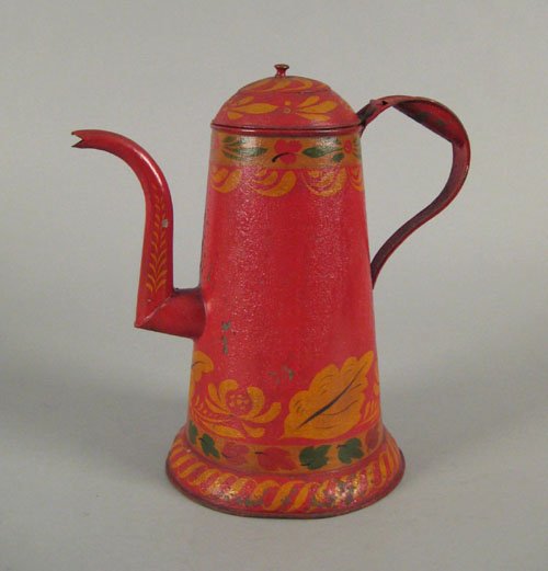 Pennsylvania red tole decorated coffee pot, mid: Pennsylvania red tole decorated coffee pot, mid 19th c., with floral and oak leaf borders and a gooseneck spout, 11'' h.