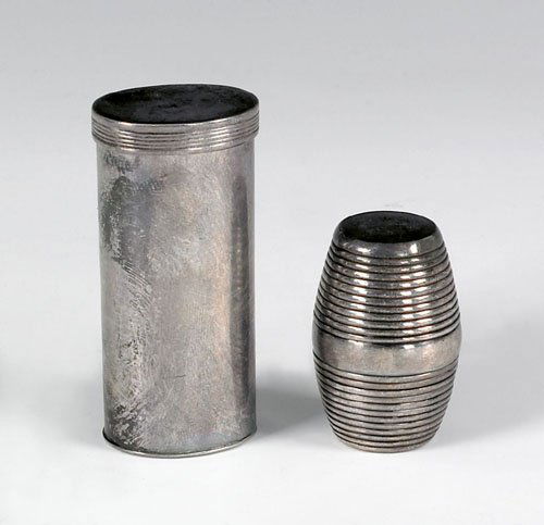 Two English silver nutmeg graters, ca. 1798-1799: Two English silver nutmeg graters, ca. 1798-1799 and 1811-1812, marked TM and SP, approx. 1.8 ozt., 1 1/2'' h. and 2 3/8'' h.