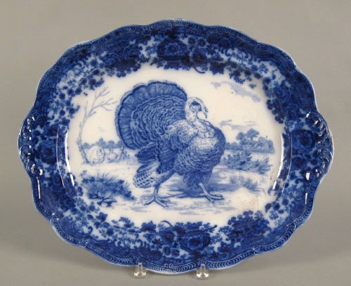Large Ridgways ironstone blue and white turkey p: Large Ridgways ironstone blue and white turkey platter, ca. 1900, 21 3/4'' l., 17 1/4'' w.