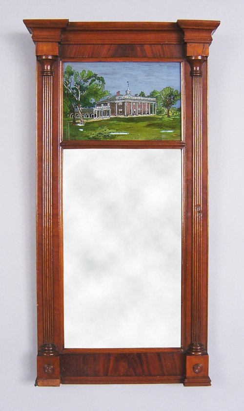 Federal mahogany wall mirror, early 19th c., wi: Federal mahogany wall mirror, early 19th c., with eglomise tablet with view of Mount Vernon coved cornice, and reeded half round stiles, 35'' h., 16 1/2'' w.