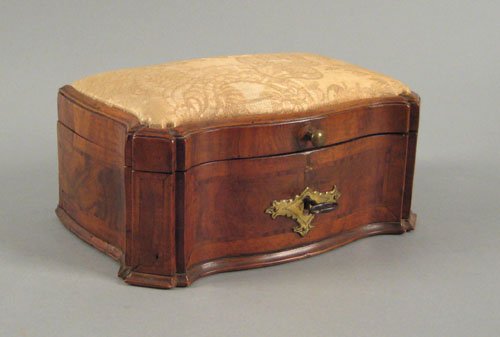 Georgian inlaid walnut dresser box, 18th c., of: Georgian inlaid walnut dresser box, 18th c., of serpentine form with a hinged cover, now mounted as a pin cushion, 10 1/2'' l.