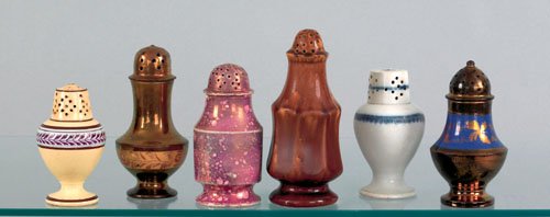 Six pepper pots, 19th c., including two copper : Six pepper pots, 19th c., including two copper luster examples, Sunderland, pearlware, etc.