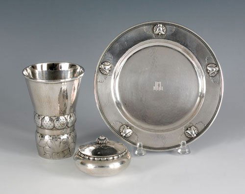Georg Jensen sterling silver beaker, tray and dr: Georg Jensen sterling silver beaker, tray and dresser box, approx. 10.4 ozt, 4'' h., 6'' dia. and 2 1/2'' dia.