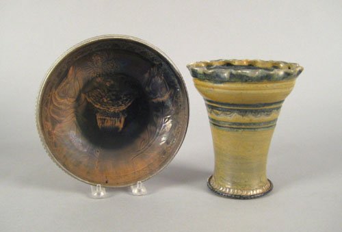 Isaac Stahl sgraffito green glazed dish dated 19: Isaac Stahl sgraffito green glazed dish dated 1937, 8 1/2'' dia., together with an unusual Isaac Stahl green glazed vase dated 1937, 7 1/4'' h.
