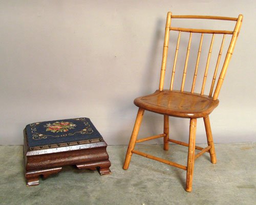 Child's windsor chair, together with a needlepoin: Child's windsor chair, together with a needlepoint stool, 19th c.