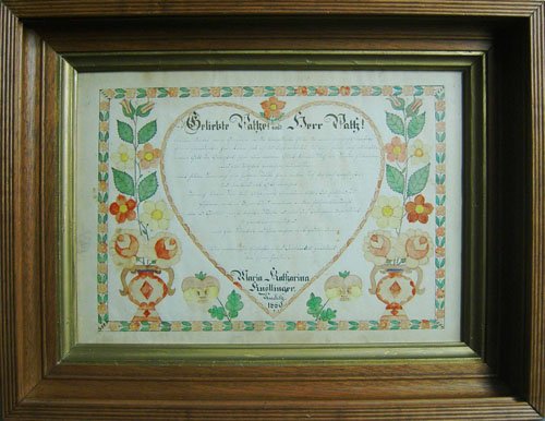 German ink and watercolor fraktur dated 1880, 9 1: German ink and watercolor fraktur dated 1880, 9 1/2'' x 13 1/2''.