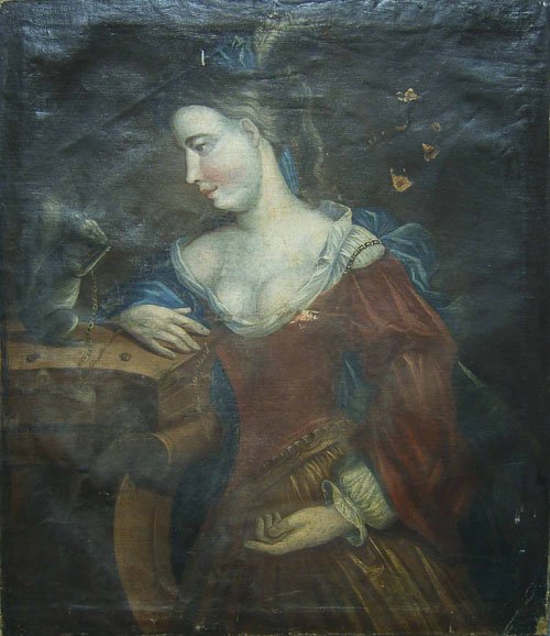 Oil on canvas portrait of a woman with a squirrel: Oil on canvas portrait of a woman with a squirrel, 27 1/4'' x 23 1/2''.