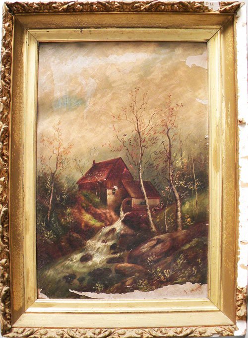 Oil on canvas harbor scene, 22 1/2'' x 14 1/2'', t: Oil on canvas harbor scene, 22 1/2'' x 14 1/2'', together with an oil on board landscape, 18 1/2'' x 12 1/4'', and a Japanese silkwork, 16 1/2'' x 12 1/4''.