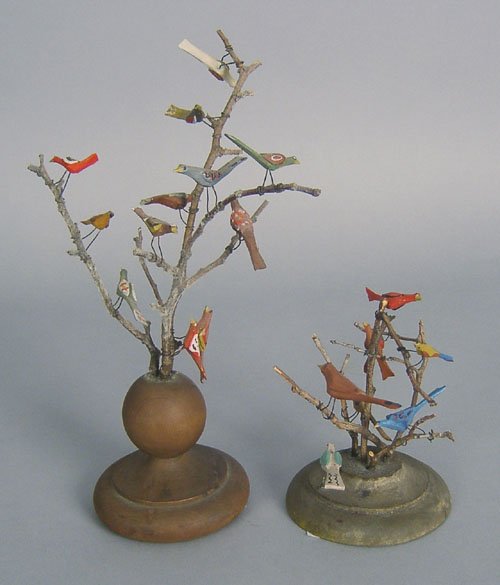 Two Daniel Strawser bird trees, 5" h. and 9 1/2" h: Two Daniel Strawser bird trees, 5" h. and 9 1/2" h.