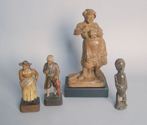 Redware sculpture of a woman, 11 1/2'' h., togethe: Redware sculpture of a woman, 11 1/2'' h., together with an African carved figure 7 1/2'' h., and a pair of German figures, 7 1/2'' h.