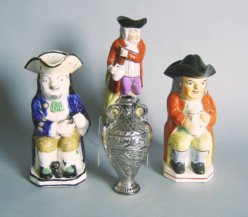 Three Staffordshire Toby pitchers, 2-10'' h., 1-9 : Three Staffordshire Toby pitchers, 2-10'' h., 1-9 1/4'' h., together with a silver resist vase, 7 1/4'' h.