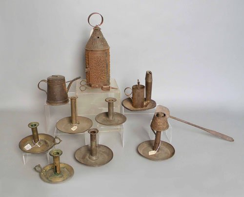 Metalware to include tin lighting, spatula, snuff: Metalware to include tin lighting, spatula, snuffer, etc.
