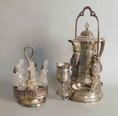 Silver plated cruet set, 12 3/4'' h., together wit: Silver plated cruet set, 12 3/4'' h., together with a plated pitcher and chalice, 20 3/4'' h.